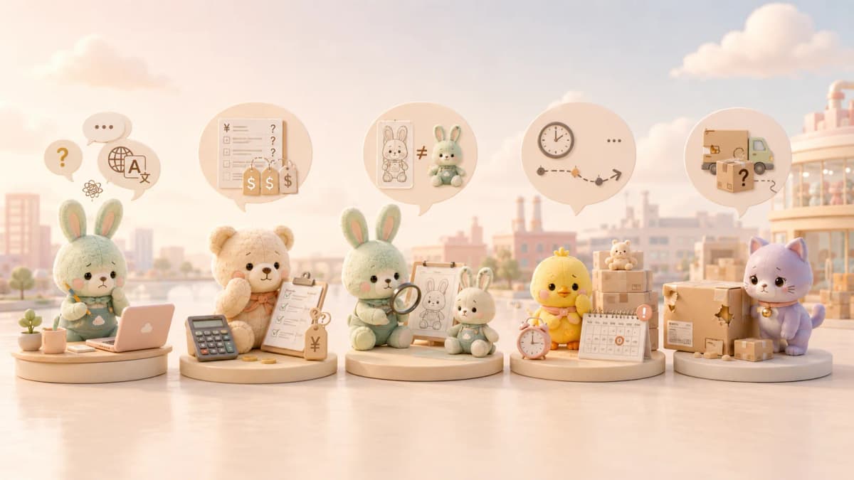 Soft toys arranged on a light background